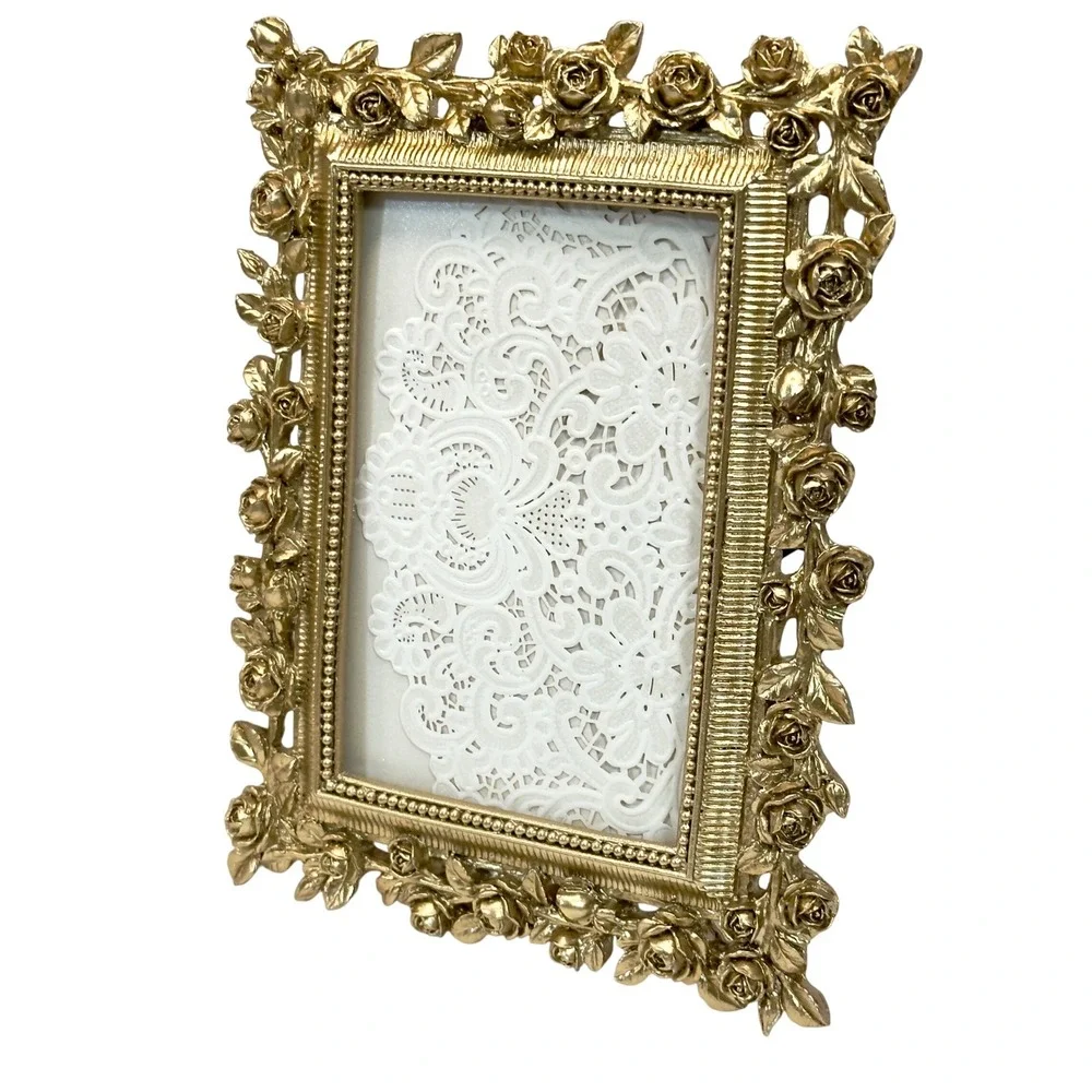 Vtg Gold Rose Picture Frame 4x6 Ornate Resin Floral Hollywood Regency Table/Wall